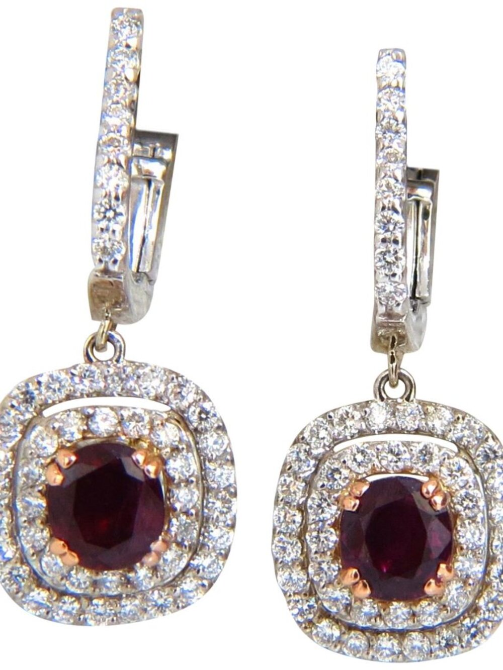 2.70ct natural deep red ruby diamond double halo dangle earrings 14kt*